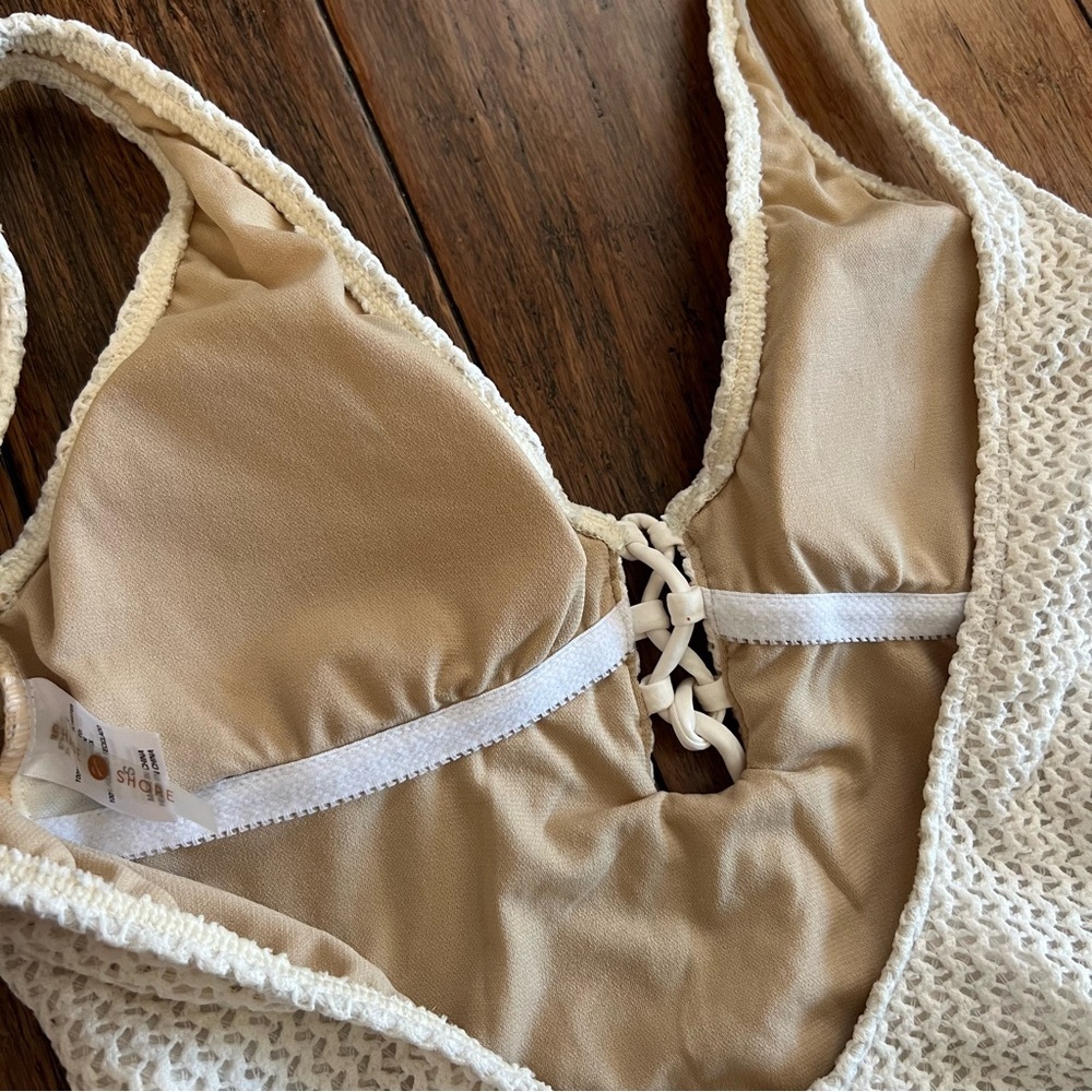 Shade Shore Cream Crochet One Piece Swimsuit Small Bathing Suit Lace Up White - Picture 7 of 12